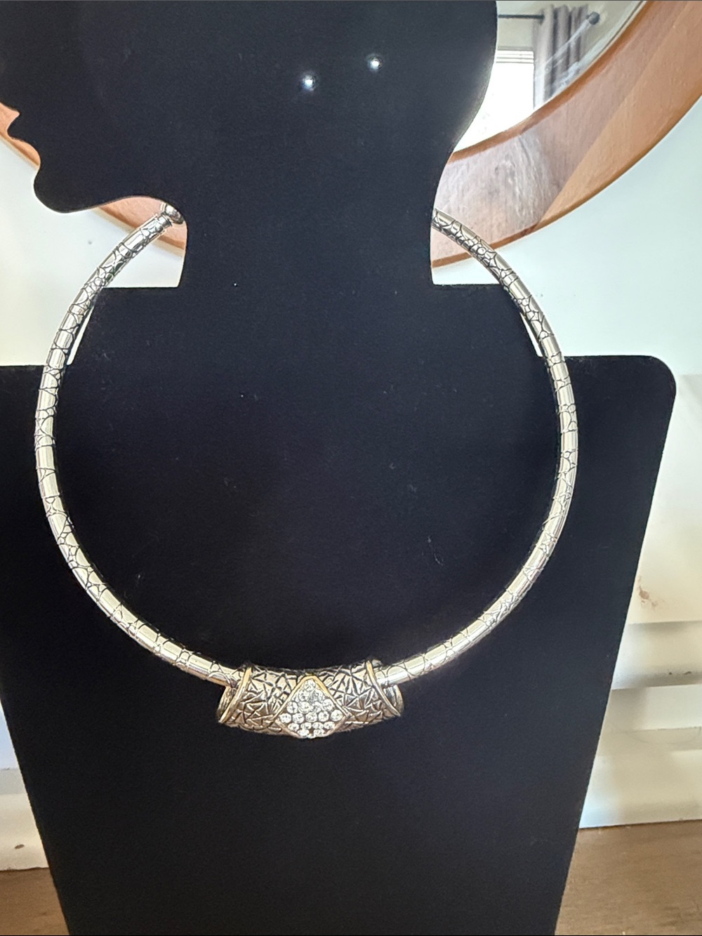 Silver-Tone Statement Collar Necklace with Crystal Accent